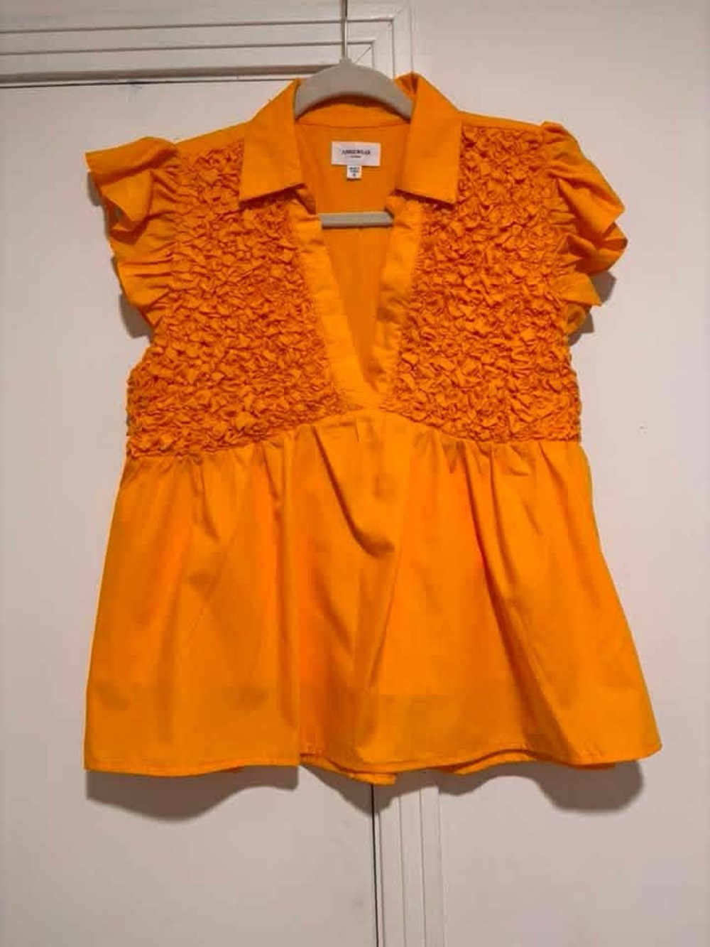 Annniewear Bright Orange Ruffle Smock V-Neck Blouse